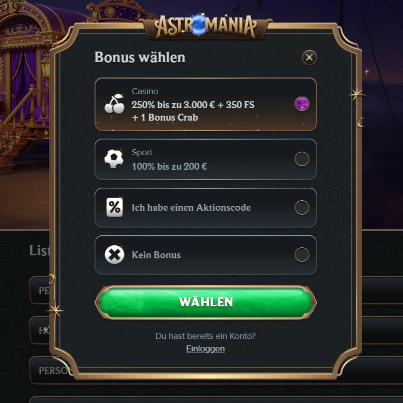 AstroMania Casino Bonus Auswahl Fenster mit Casino Bonus bis 3000 Euro und Freispiele