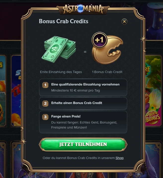 AstroMania Casino Bonus Crab Credits Aktion mit täglicher Einzahlung und Bonusbelohnung