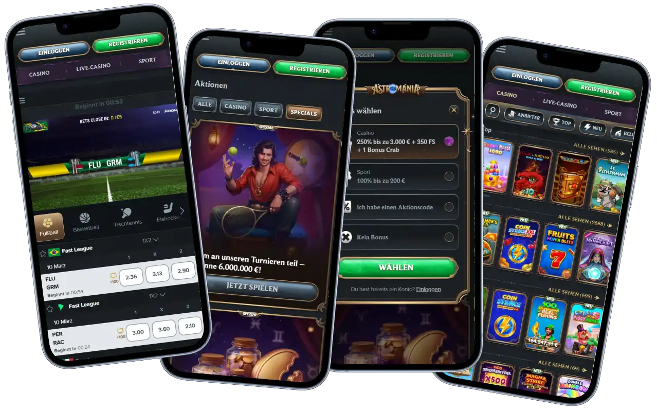 AstroMania Casino mobile Version mit Casino Spielen, Bonus Auswahl und Sportwetten auf Smartphone