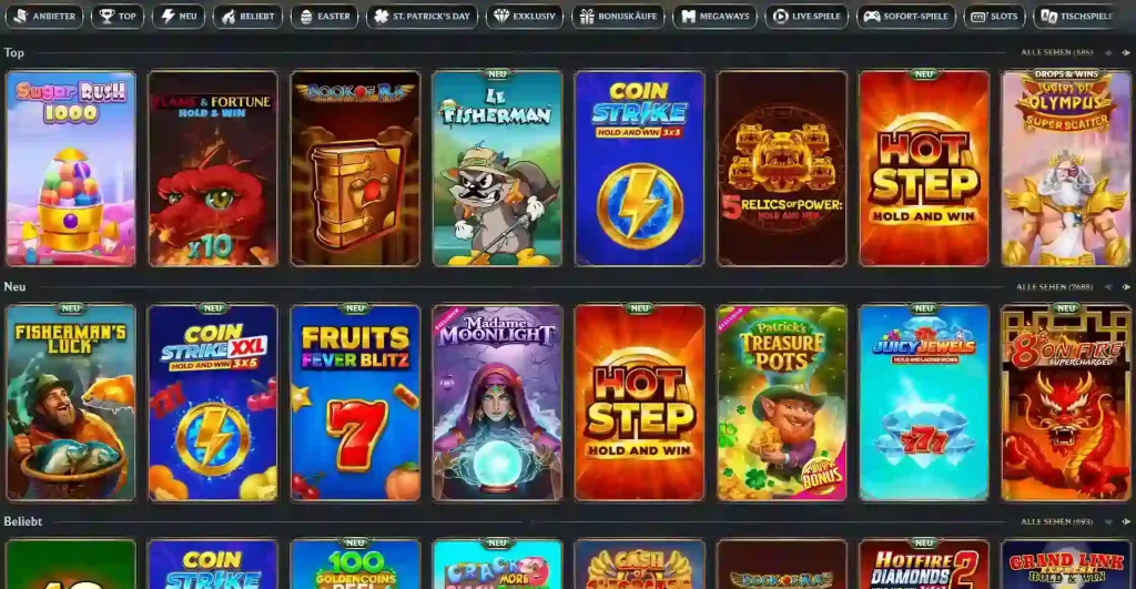 AstroMania Casino Slot Spiele Lobby mit verschiedenen Spielautomaten und beliebten Slots