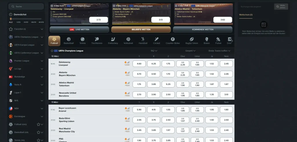 AstroMania Casino Sportwetten Bereich mit Fußballquoten und Live Wetten Übersicht